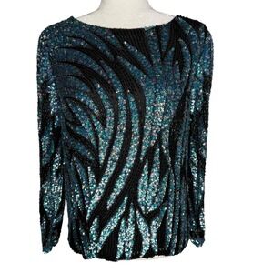 Vintage Oleg Cassini Blouse Small Beaded 100%  Silk Formal‎ Long Sleeve Evening